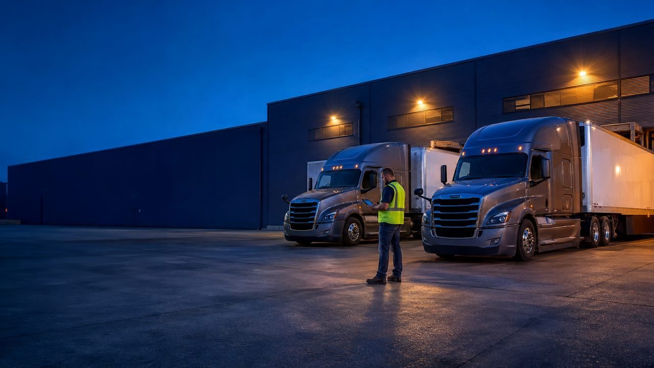Two semi trucks staged at a distribution dock at dusk while a dispatcher reviews the manifest